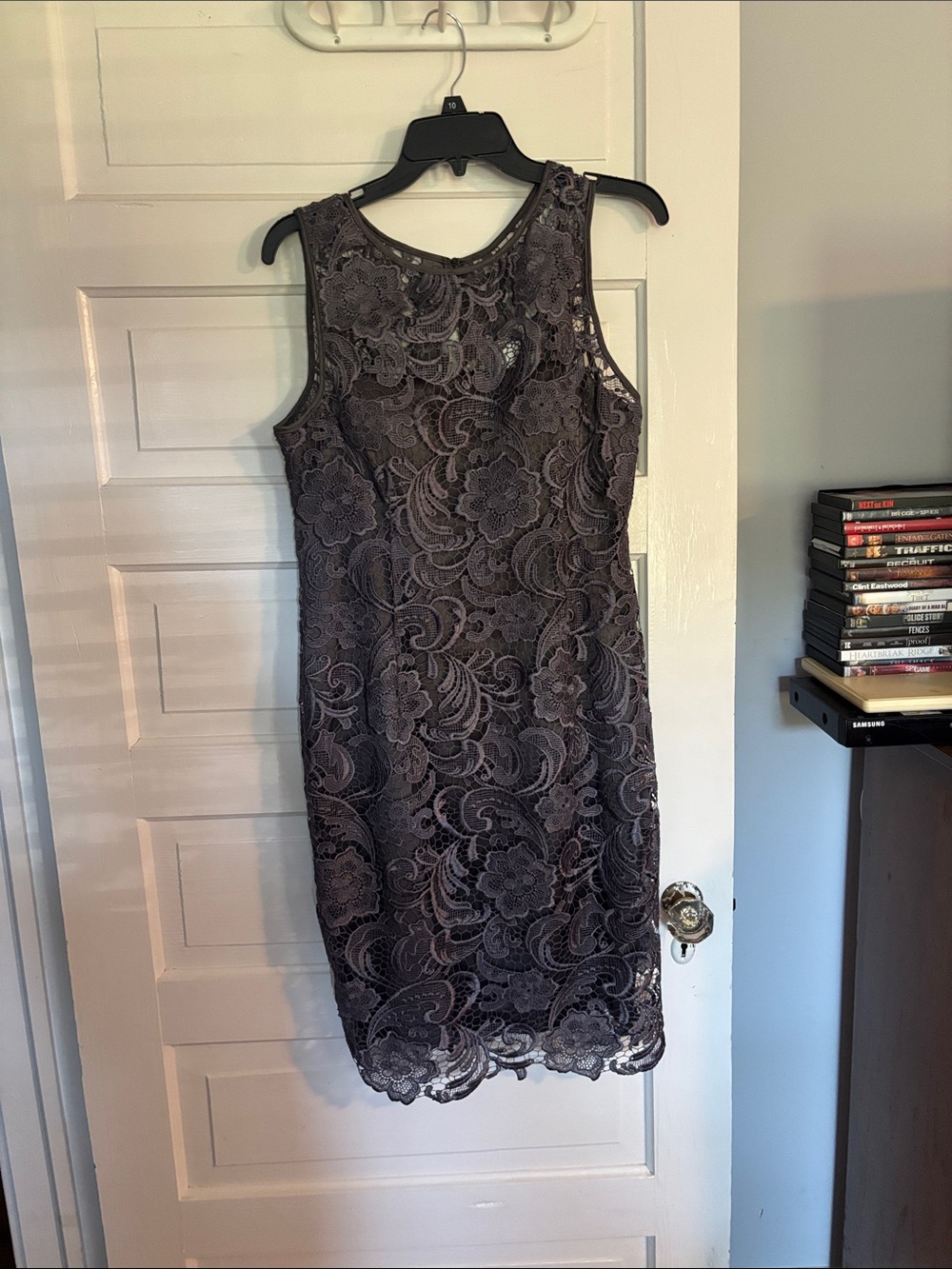 Sleeveless Lace Sheath Dress in Charcoal Gray